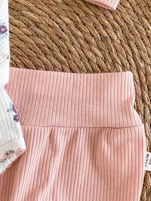 新生儿三件套服装，面料柔软舒适，紫色碎花长袖连体衣，撞色滚边，搭配纯色高腰裤和可爱帽子，秋冬家居服套装 - 彩色 - 查看 7