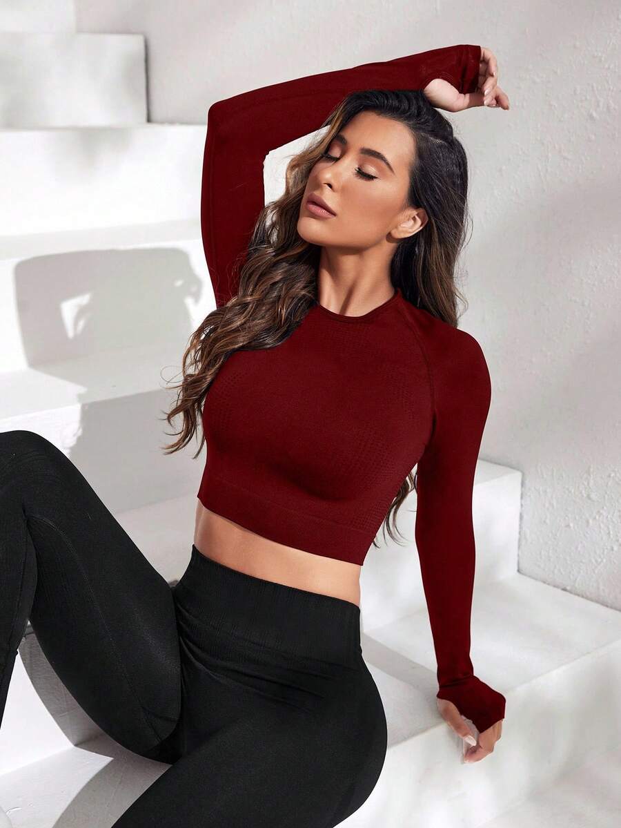 Core Rhythm Damen einfarbiges Rundhals-Raglanärmel Crop Fitness T-Shirt, Burgunderrot Crop Top, Rot Crop Top, Burgunderrot Crop Top, Langarm Crop Top, Damen Workout Crop Top, nahtloser Crop Top, Burgunderrot Top, Damen Sport Crop Top Shirt