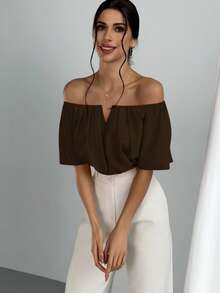 Aloruh Women's Solid Color Off Shoulder Cinched Waist Blouse - Coffee Brown - View 1
