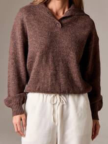 AiiRZ 女式棕色针织纽扣细节领毛衣长袖秋冬休闲衬衫 - 棕色 - 查看 5