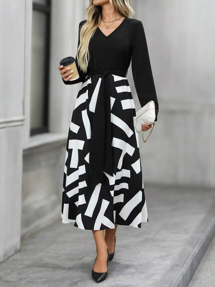 V-Neck Cinched Waist Cinched Waist Long Sleeve Dress For Women