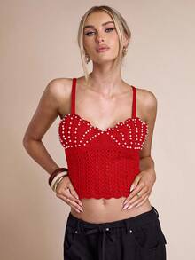 SHEIN BAE Canotta corta aderente in maglia con perle finte, adatta per l'autunno/inverno - Rosso - Visualizzare 4