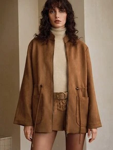 EMERY ROSE Women's Suede Fleece Fabric Stand Collar Waist Drawstring Design Daily Exquisite Commuter Jacket Regular Coat Fall Clothes For Women Winter Clothes Women's Winter Jacket - Coffee Brown - View 4