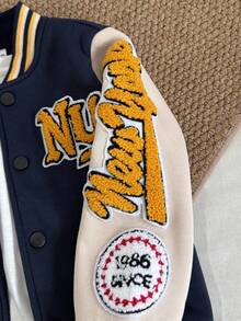 Playful Pals 2 件套幼儿男童学院风字母印花刺绣拼布前扣休闲棒球夹克和裤子套装，罗纹领口、袖口和下摆设计，适合秋冬季外出、街头服饰、日常穿着、运动、上学、旅行、度假