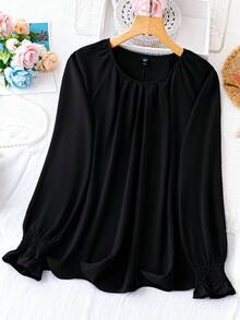 SHEIN CURVE+ Plus Size Women Round Neck Long Sleeve Top, Minimalist Solid Color Casual Blouse Suitable For Daily Commute