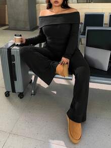 SHEIN EZwear 大码休闲家居服简约露肩粗条纹两件套 - 黑色 - 查看 7