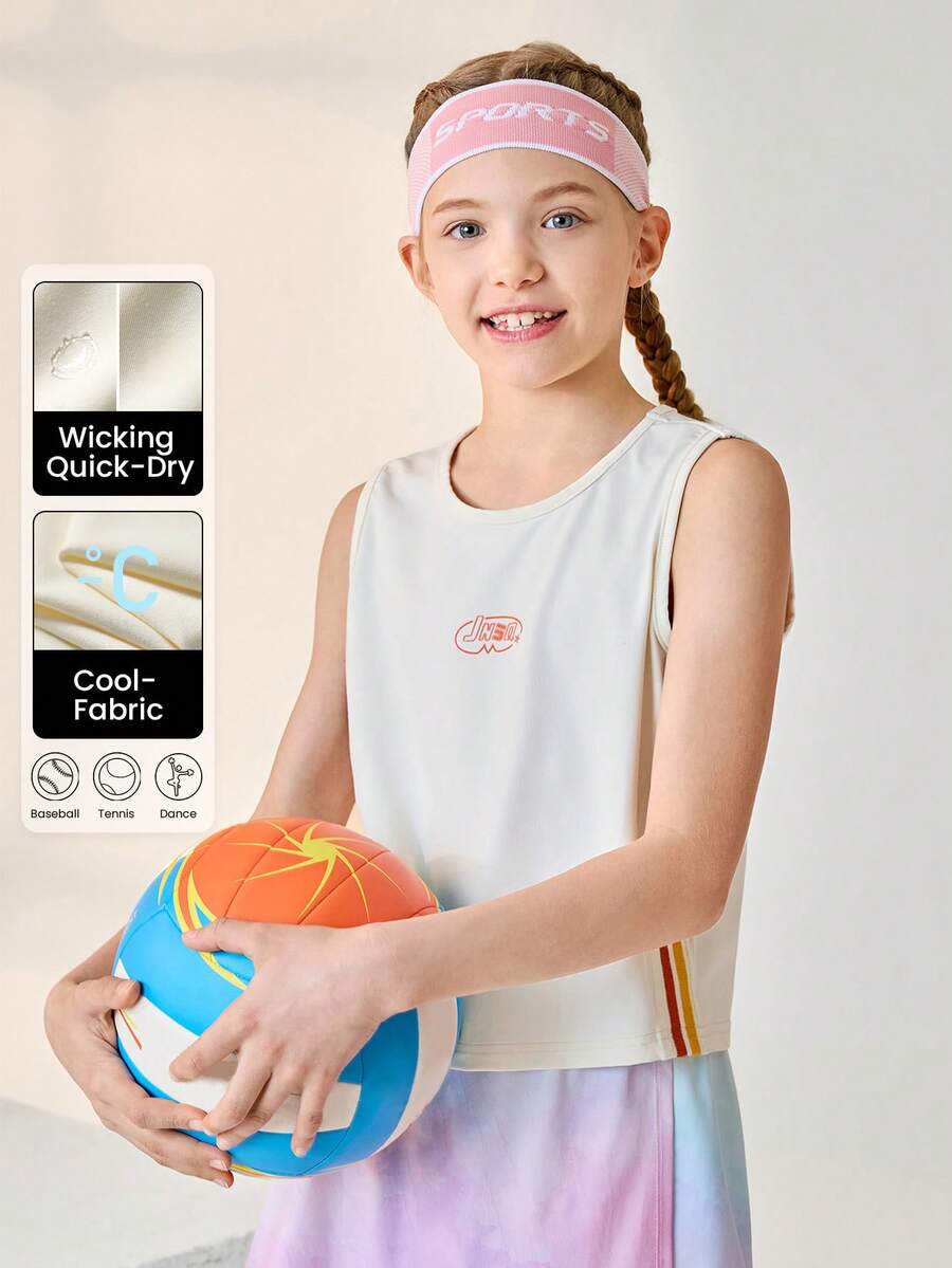 JNSQ Back To School Tween Girls' Letter Print Round Neck Sporty Tank Top, Suitable For Early Autumn Daily Wear, Outdoor Activities, Vacation, Street Style, Party And Leisure - Apricot - View 1