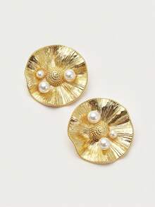 Opalesca 1 对珍珠/珍珠母，纹理，金属/金属饰面，3D 花朵/花卉耳钉，适合工作、休闲、优雅、可爱、奢华、婚礼、节日、度假、露营、Y2K、妈妈、女士、女孩、秋季、冬季、节日、假日、度假、老钱、万圣节 - 金色 - 查看 5