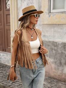 Brillora Áo khoác vest hở phía trước tua rua mùa hè - Cà phê nâu - Xem 1