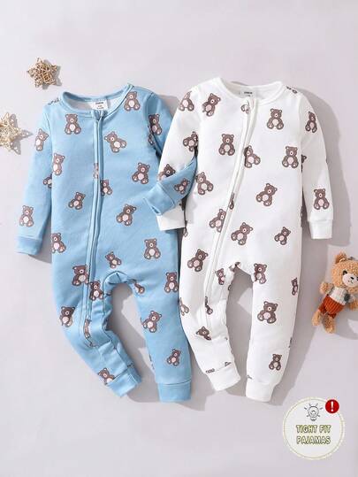 2pcs Baby Boy Cute Bear Print Long Sleeve Jumpsuit Set, Light Blue & White Baby Casual Zipper Jumpsuit Zipper Pajamas Baby Baby Pajama Sets Baby Boy Fall Newborn Zipper Suit Snug Fit