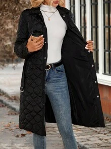 EMERY ROSE Chaqueta larga casual de invierno de un solo pecho de unicolor y manga larga para mujer - Negro - Ver 8