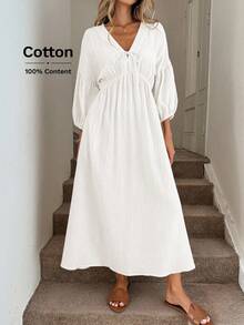 Easowa Đầm suông cổ chữ V, thắt nơ, tay áo đèn lồng, eo nhún, dáng chữ A, viền xòe, hai lớp, chất liệu vải crepe 100% cotton, dáng rộng, phong cách cổ điển, thường ngày dành cho nữ - trắng - Xem 6