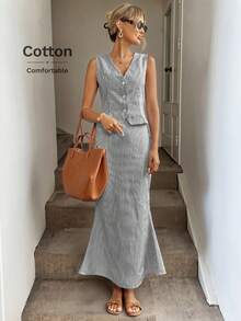 Easowa Bộ 2 món áo sơ mi không tay cổ chữ V cài nút phía trước và chân váy đuôi cá ôm sát, trang phục đi nghỉ thanh lịch, mùa xuân/hè, vải cotton dệt sọc - Đen và trắng - Xem 7