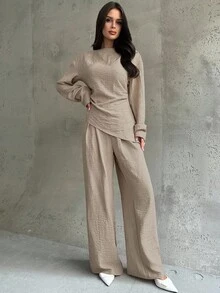 Firerie 2pcs Women's Khaki Elegant Office Outfit,Autumn Asymmetric Ruched Waist Long Sleeve Blouse And Wide Leg Pants,Linen Minimalist Casual Commute Suit - Khaki - View 5