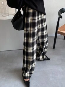 FRIFUL Calça feminina xadrez de pernas largas com forro térmico em cores contrastantes, ideal para o outono e Halloween. Pernas largas e forro térmico para o inverno. - Cinza - Ver 5
