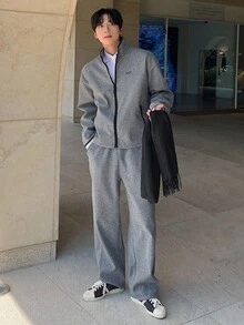 DAZY Men's Autumn Letter Embroidery Textured Fabric Elastic Waist Pants And Pullover Sweatshirt Set Business Attire