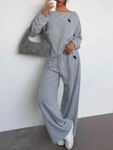 Aloruh 2 Potong Setelan Sweatshirt Wanita Kasual, Olahraga, Gaya Kuliah dengan Cetakan Logo Kuda Kecil, Cocok untuk Musim Kembali ke Sekolah, Musim Gugur/Musim Dingin. - Grey - View 4