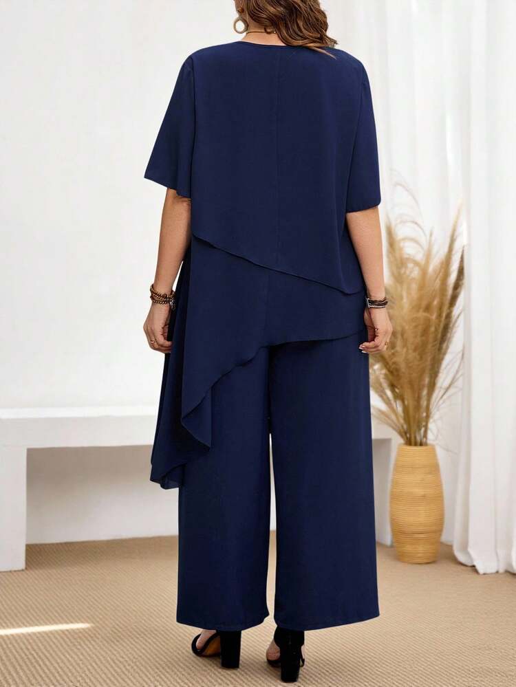 2pcs Plus Size Women Summer Blue Asymmetrical Shirt & Pants Boho Set