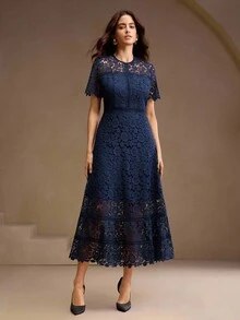 Anewsta Elegant Lace Patchwork Graceful Sleeveless Midi Dress, Ivory White - Navy Blue - View 4