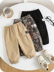 SHEIN 3 件套男婴休闲工装裤，卡其色、黑色和迷彩，舒适百搭，适合室内、户外、日常、运动、玩耍、派对、拍照、度假、所有季节