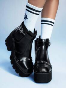 Sugerpunk Giày bốt cao gót đế vuông phong cách Gothic, khóa kim loại, đế PU màu đen, thích hợp cho tiệc tùng, mặc hàng ngày, mặc váy dạ hội, tăng chiều cao và kéo dài chân - màu đen - Xem 2