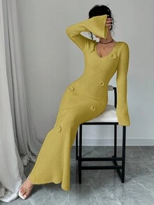 Elenzga 女士优雅纯色喇叭袖钩针 3D 花朵深 V 领超长针织毛衣裙，适合婚礼、情人节派对、度假、居家和户外、秋冬 - 鵝黃色 - 查看 5
