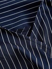 SHEIN MOD قميص أبيض وأزرق مخطط طويل الأكمام غير متماثل مع تصميم متقاطع وربطة عنق خلفية، ملابس كاوبوي للنساء