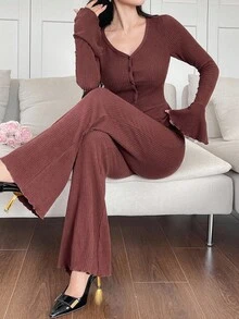 DAZY Damen eleganter einfarbiger Rüschen-Saum Cardigan und Hose 2 Stücke Set, Herbst Loungewear für Frauen - Braun - Übersicht 7