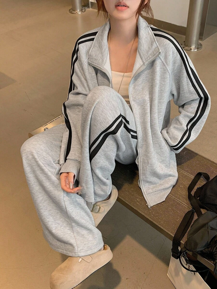 DAZY Women's Casual Contrast Striped Sweatshirt And Pants 2 Pieces Set, Autumn Tracksuits Women Set Lounge Sets For Women