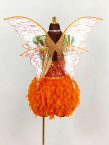 Amplova 大码女式万圣节精灵角色扮演亮片羽毛装饰连衣裙 - 橘色 - 查看 11