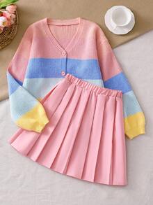 SHEIN Sparklyn 2件套女童彩虹毛衣和百褶裙套装，甜美校园风，适合秋季 - 粉色 - 查看 7