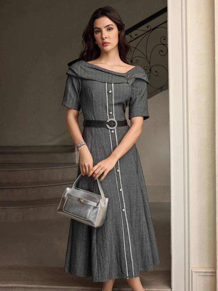 ZEYLAH Váy Maxi xòe trễ vai, eo cao, thanh lịch - Xám - Xem 1