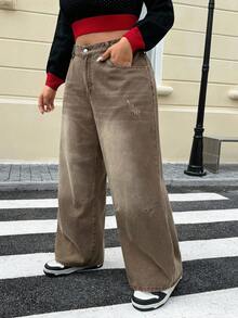SHEIN ICON Plus Size Women High Waist Pockets Loose Casual Wide Leg Jeans