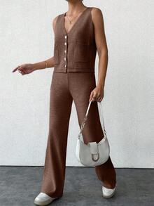 SHEIN Tall Tall Size Two Pieces Set With Vest And Pants - Brown - View 5
