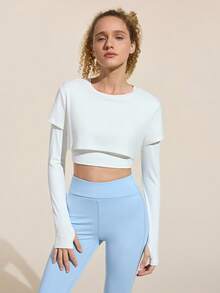 SHEIN Sports 1 件女式纯色圆领长袖户外 T 恤 - 白色 - 查看 4