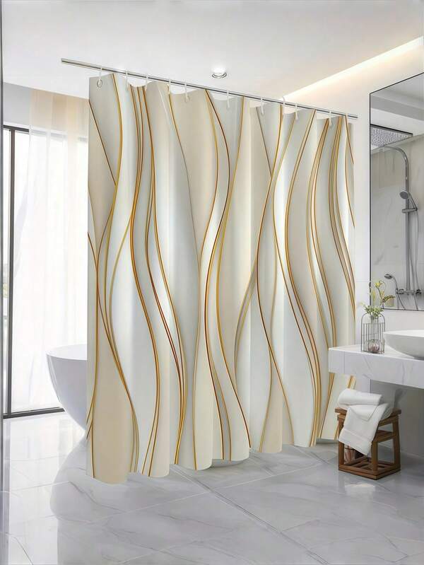 SHEIN 1 pieza de cortina de baño con estampado de rayas doradas - Decoración del hogar rural y del baño, hecha de material de poliéster, incluye 12 ganchos, lavable a máquina y a mano, apta para uso durante todo el año
