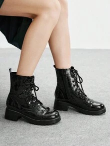 CUCCOO BIZCHIC 黑色圆头厚底纹理踝靴，系带，低跟女鞋 - 黑色 - 查看 3