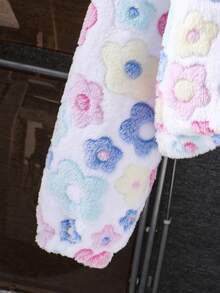 SHEIN 1 件女童花卉印花拉链立领毛茸茸夹克，秋冬休闲外套 - 彩色 - 查看 4