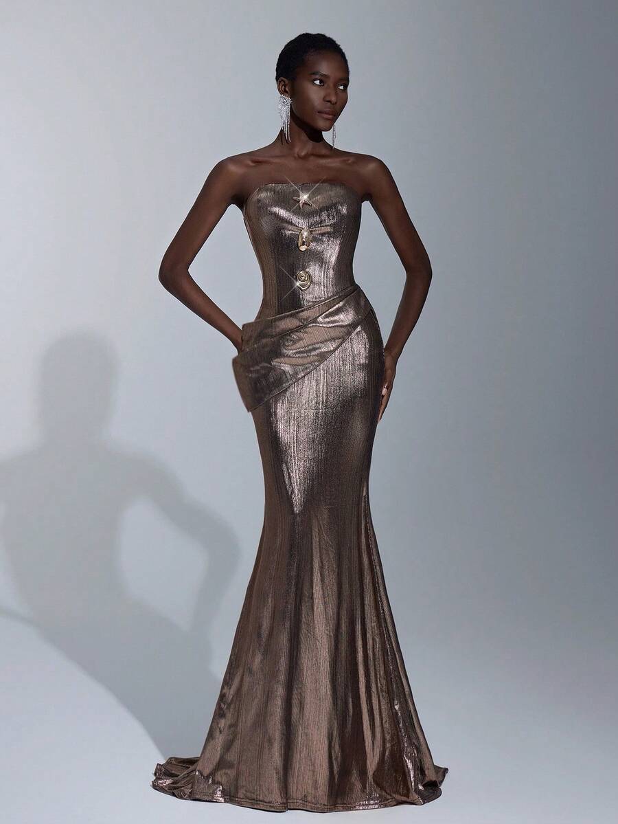 Elitara 优雅金属弹力面料手工金属花朵装饰紧身胸衣，带骨，荷叶边美人鱼长裙，带拖尾，女士正式晚礼服