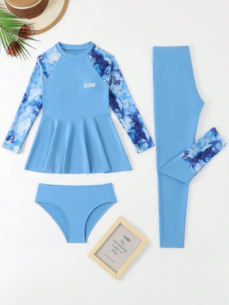 SHEIN Tween 女童夏季海滩扎染印花高领长袖上衣 + 纯色比基尼泳裤 + 扎染印花裤 3 件套比基尼泳装套装 - 彩色 - 查看 1