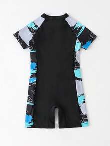 Young Boy Cartoon Graphic Zipper Front One Piece Swimsuit - Black - View 2