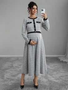 Momance 2 pièces Ensemble de maternité : Top court à manches longues imprimé à carreaux et mini-jupe