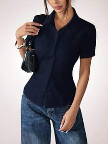 SHEIN PETITE White Women's Shirt Waist Cinch Pleated Short Sleeve Shirt