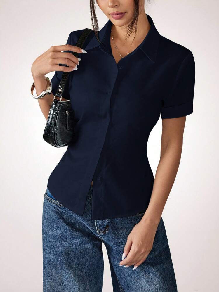 SHEIN PETITE White Women's Shirt Waist Cinch Pleated Short Sleeve Shirt