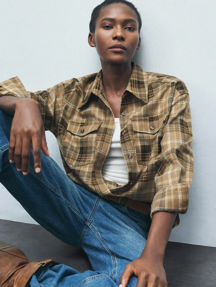 SHEIN Maija Women's Plaid Long Sleeve Single-Breasted Casual Pocket Loose Shirt