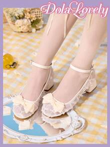 Dola Lovely 女式杏色圆头浅口鞋，低鞋面粗跟高跟鞋，网眼透气蝴蝶结玛丽珍鞋，时尚百搭夏季鞋履