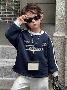 DAZY 儿童秋季服装，男童抓绒卫衣，休闲宽松字母印花街头风，秋季 - 藏蓝色 - 查看 6