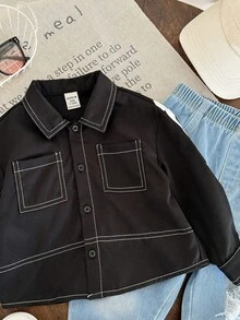 SHEIN 男婴/女婴幼儿秋冬套装，长袖衬衫，黑色有领长袖衬衫，带字母印花和口袋，舒适百搭休闲实用风格基本款上衣，适合室内、户外、日常穿着、运动、玩耍、派对、摄影 - 春季、夏季、秋季、冬季