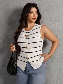 Elaquor Plus Size Women Metal Sun Decor Round Neck Striped Casual Knit Vest Plus Size Sleeveless Tops Plus Size Tank Tops, Casual Outfit For Women, White Tops, Winter Tops For Women