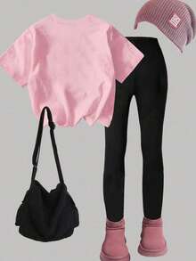 SHEIN Bộ áo thun tay ngắn cổ tròn in chữ hình quả anh đào và trái cây thường ngày cho bé gái, thời trang và sành điệu - Nhiều màu - Xem 2